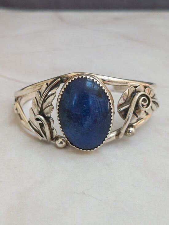 Vintage Jewelry - Vintage Navajo Sterling Silver Cuff Bracelet–Signed “T Sterling”–Lapis Lazuli
